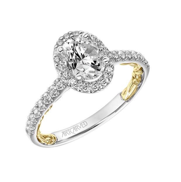 Lyric Engagement Ring with Oval Diamond Halo and Accented Diamond Gallery with Inner Carved details and Diamond Shank