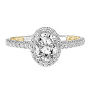 Lyric Engagement Ring with Oval Diamond Halo and Accented Diamond Gallery with Inner Carved details and Diamond Shank