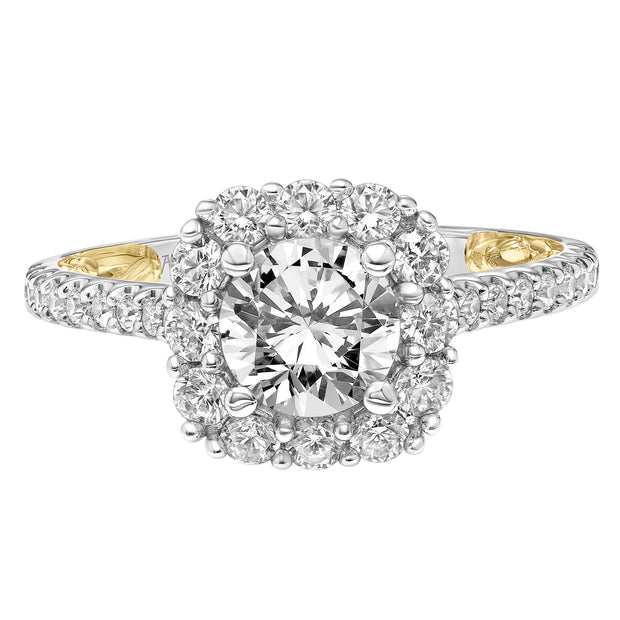 Lyric Engagement Ring with Cushion Diamond Halo and Accented Diamond Gallery with Diamond Shank