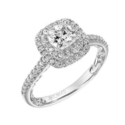 Lyric Engagement Ring with Cushion Double Diamond Halo and Accented Diamond Gallery with Diamond Shank
