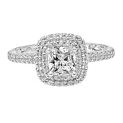 Lyric Engagement Ring with Cushion Double Diamond Halo and Accented Diamond Gallery with Diamond Shank
