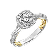 Lyric Engagement Ring with Cushion Diamond Halo and Accented Diamond Gallery with Twist Diamond and Polished Shank