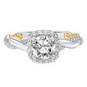 Lyric Engagement Ring with Cushion Diamond Halo and Accented Diamond Gallery with Twist Diamond and Polished Shank
