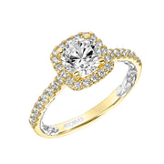 Lyric Engagement Ring with Cushion Diamond Halo and Accented Diamond Gallery with Diamond Shank
