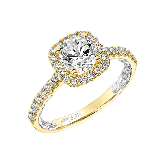 Lyric Engagement Ring with Cushion Diamond Halo and Accented Diamond Gallery with Diamond Shank