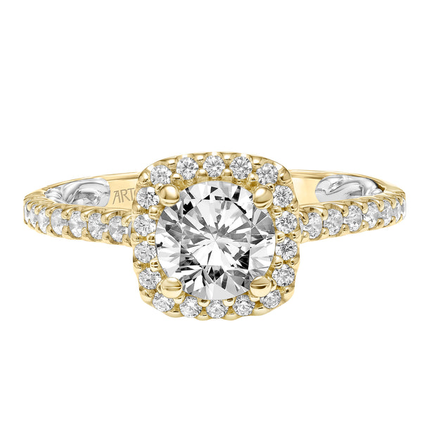 Lyric Engagement Ring with Cushion Diamond Halo and Accented Diamond Gallery with Diamond Shank