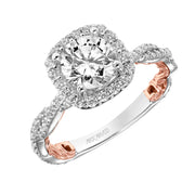 Lyric Engagement Ring with Cushion Diamond Halo and Accented Diamond Gallery with Inner Carved details and Diamond Shank