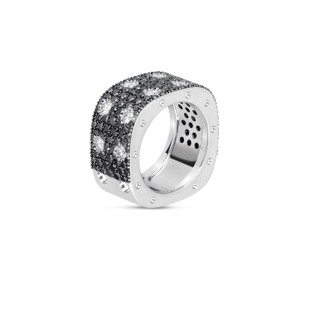 Poi Mois Double Ring with Black and White Diamonds