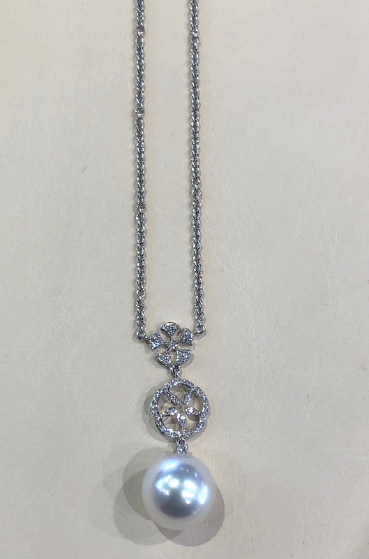 Mikimoto White South Sea Pearl and Diamond Pendant Necklace in 18K White Gold