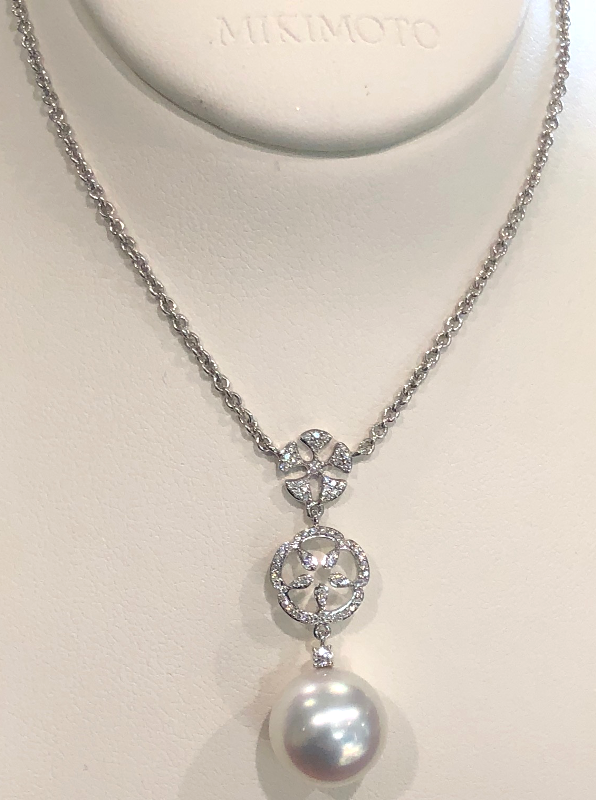 Mikimoto White South Sea Pearl and Diamond Pendant Necklace in 18K White Gold